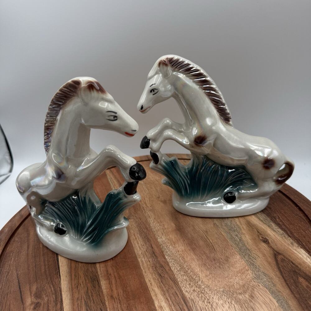 Vintage Lusterware Ceramic Rearing Horse Figurines Pair Iridescent MCM Mid Centu